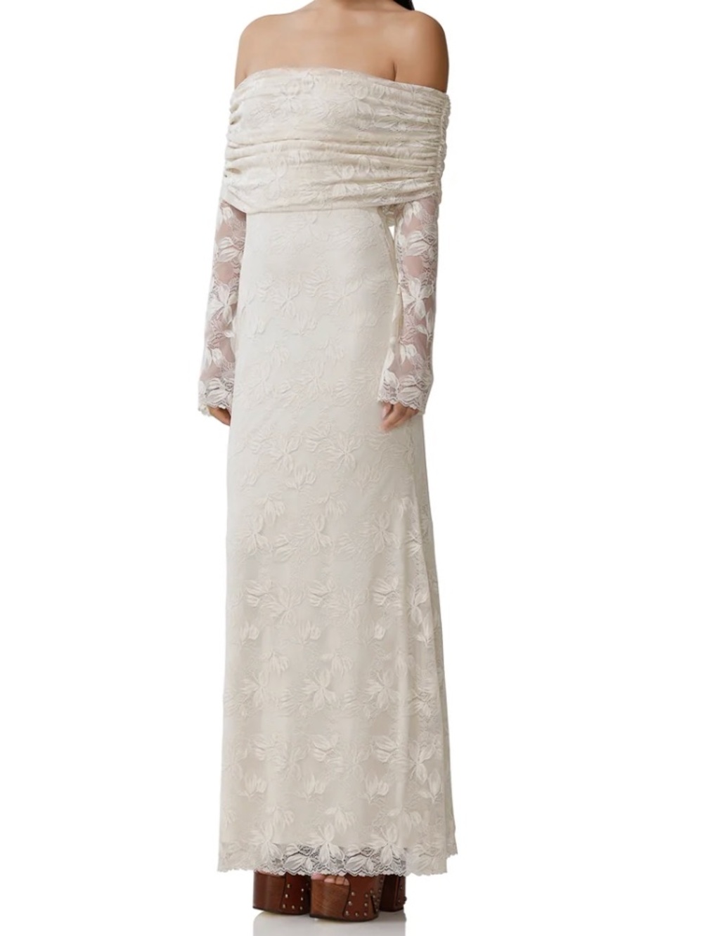 AFRM Off-Shoulder Lace Maxi Dress in Cream